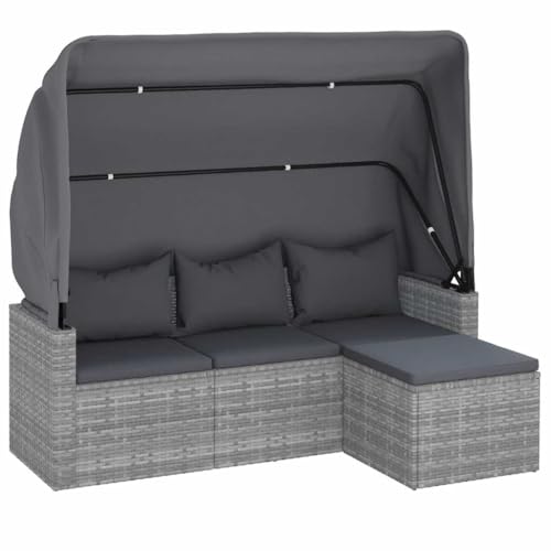 vidaXL Gartensofa 3 Sitzer, Sofa mit faltbaren Dach, Couch mit Fußhocker, Relaxsofa Dreisitzer Terrassensofa Gartenmöbel, Grau Poly Rattan von vidaXL