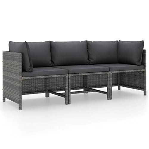 vidaXL Gartensofa 3-Sitzer mit Kissen Ecksofa Mittelsofa Sofa Lounge Gartenset Gartenmöbel Garten Garnitur Sitzgruppe Grau Poly Rattan von vidaXL