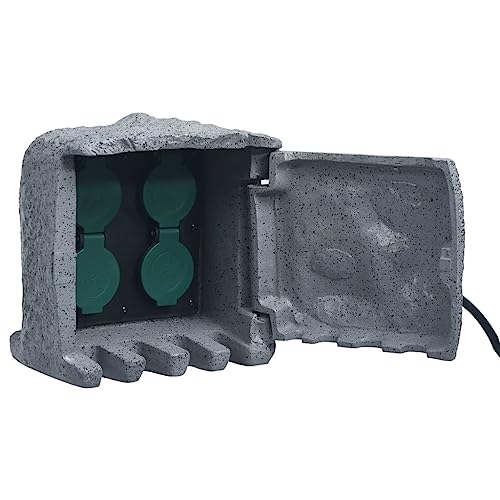 vidaXL Gartensteckdose 4-fach Wasserfest mit 1,5 m Kabel Universalstecker Steinoptik Außensteckdose Steckdose Steinsteckdose Kunstharz Grau von vidaXL