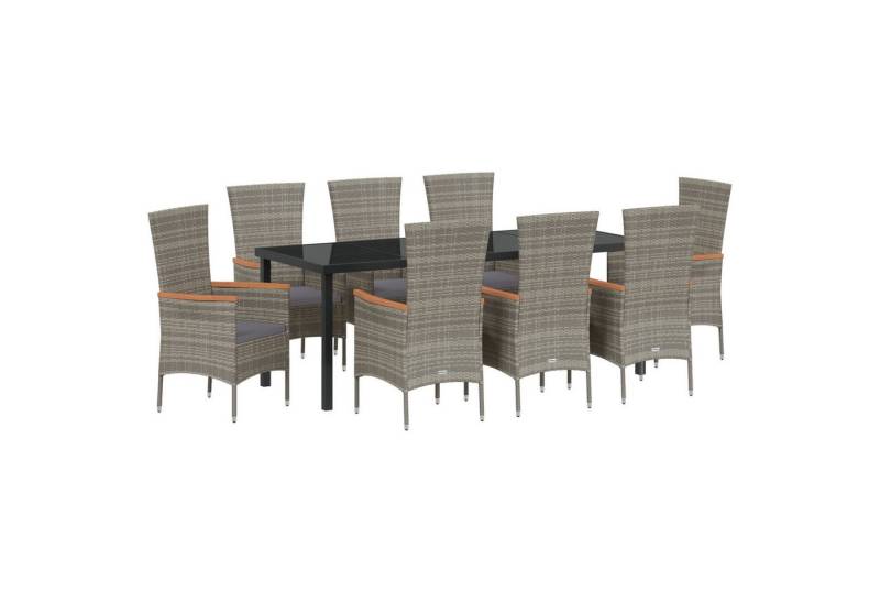 vidaXL Gartenstuhl 9-teiliges Garten-Ess-Set mit Kissen Grau Poly-Rattan (9 St) von vidaXL