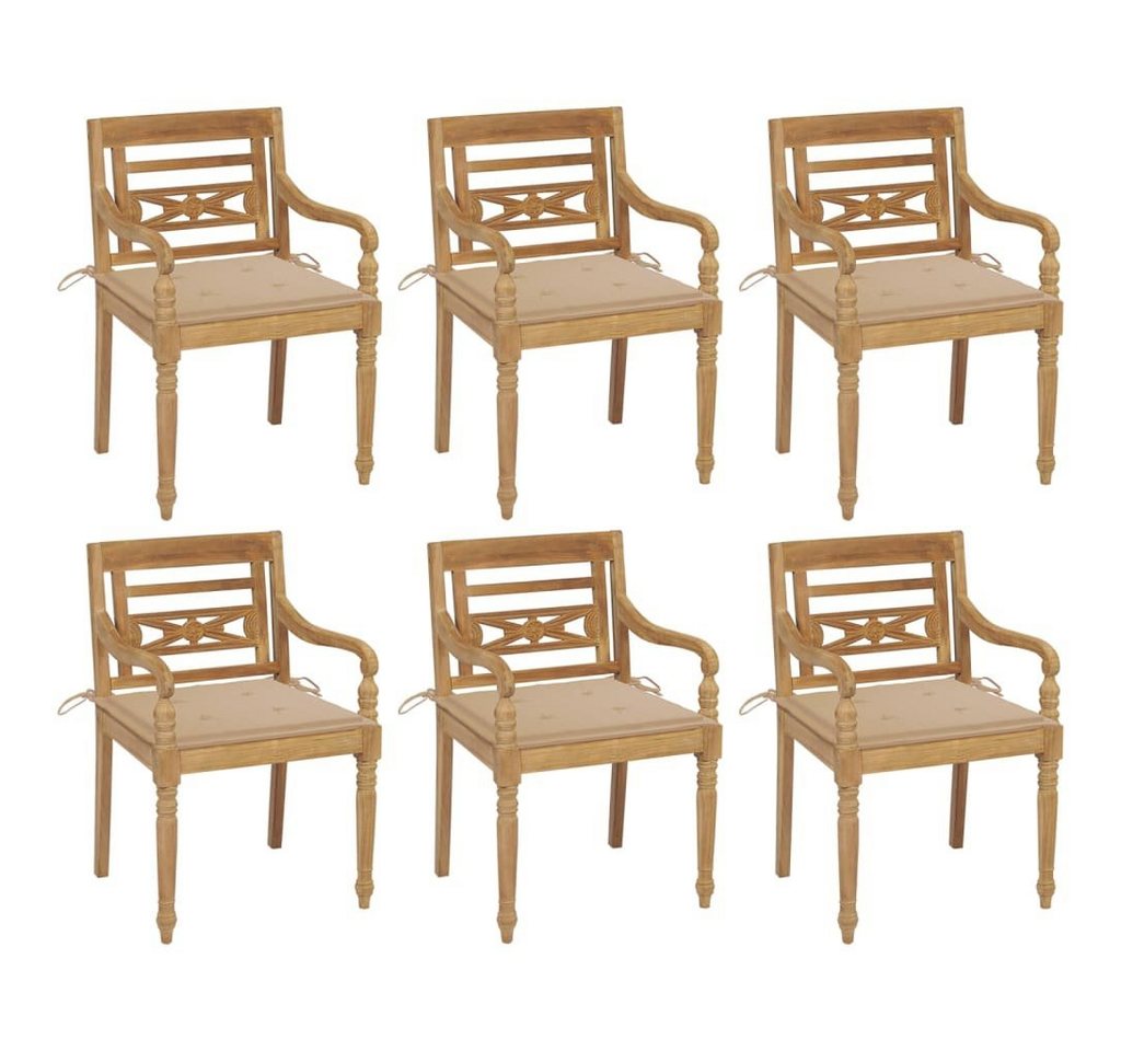 vidaXL Gartenstuhl Batavia-Stühle mit Kissen 6 Stk. Massivholz Teak (6 St) von vidaXL