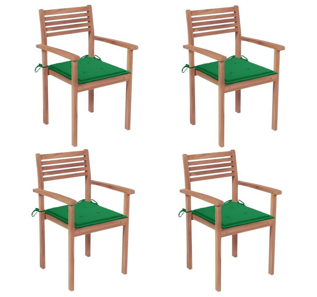 vidaXL Gartenstuhl Gartenstühle 4 Stk. mit Grünen Kissen Massivholz Teak (4 St) von vidaXL