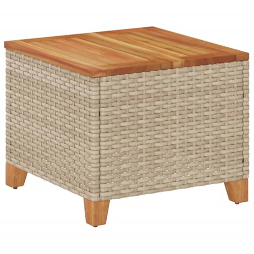 vidaXL Gartentisch, Beistelltisch für Garten Terrasse, Couchtisch mit Holzplatte, Balkontisch Kaffeetisch Gartenmöbel, Beige Poly Rattan Akazienholz von vidaXL