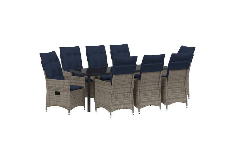vidaXL Gartentisch 9-teiliges Garten Esstisch Set mit Kissen Graues Poly-Rattan (9-St) von vidaXL