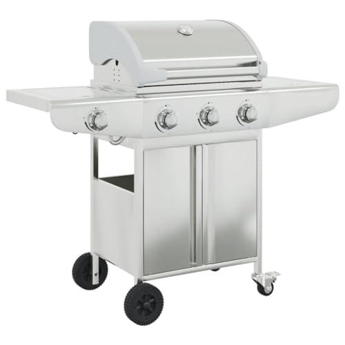 vidaXL Gasgrill mit 4 Flammen, Grillwagen mit Piezo-Zündsystem Thermometer, Gartengrill mit Rädern Stauraum, Grillstation, Silbern Edelstahl von vidaXL