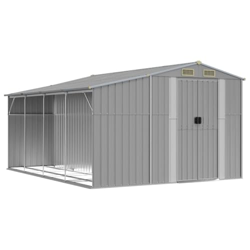 vidaXL Gerätehaus, Gartenhaus mit Schrägdach Griffe, Gartenschuppen Schuppen mit Stauraum, Geräteschuppen Metallschuppen, Grau 277x365,5x179 cm Verzinkter Stahl von vidaXL
