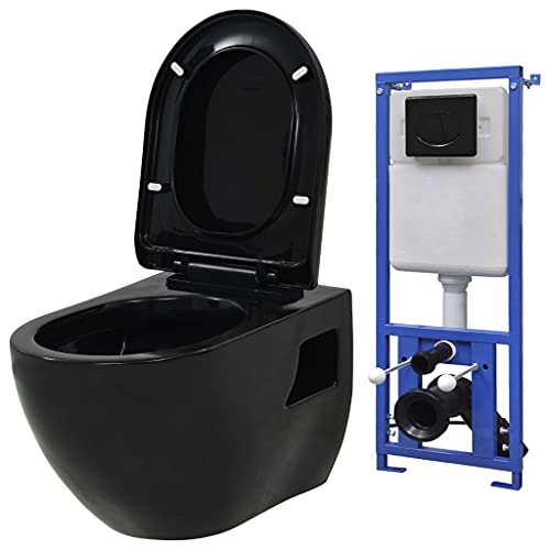 vidaXL Hänge Toilette mit Unterputzspülkasten Spülkasten Absenkautomatik Soft Close Sitz Wand Spülkasten WC Vorwandelement Keramik Schwarz von vidaXL