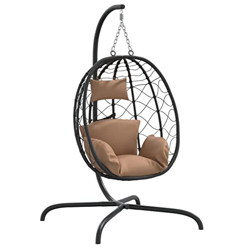 vidaXL Hängesessel Ei, Schaukelsessel mit Kissen, Korbsessel Sessel mit Schaukel-Design, Hängekorb Hängeschaukel Eierstuhl, Taupe Poly Rattan Stahl von vidaXL