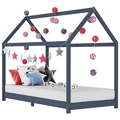 vidaXL Kiefernholz Massiv Kinderbett Hausbett Bettenhaus Spielbett Kinder Bett Kinderhaus Holzbett Bettgestell Lattenrost Grau 90x200cm von vidaXL