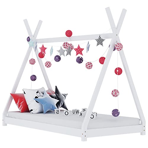 vidaXL Kiefernholz Massiv Kinderbett Hausbett Bettenhaus Spielbett Tipi Indianer Bett Kinderhaus Holzbett Bettgestell Lattenrost Weiß 90x200cm von vidaXL