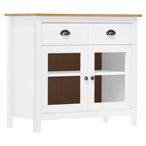 vidaXL Kiefernholz Massiv Sideboard mit 2 Schubladen 2 Glastüren Kommode Beistellschrank Schrank Anrichte Mehrzweckschrank Weiß 90x40x80cm von vidaXL