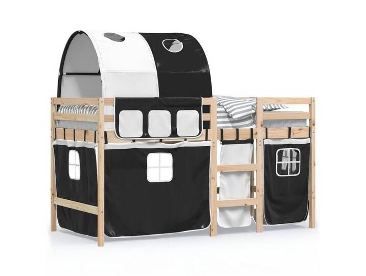 vidaXL Kinderbett Kinderhochbett mit Tunnel Weiß Schwarz 90x200 cm Kiefernholz, weiß von vidaXL