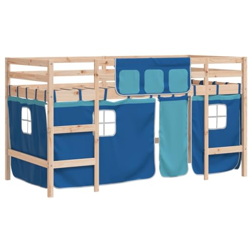 vidaXL Kinderhochbett, Hochbett mit Leiter Vorhängen, Spielbett Bett für Kinder ab 6 Jahren, Kinderbett Etagenbett Stockbett, Blau 90x200cm Massivholz Kiefer von vidaXL