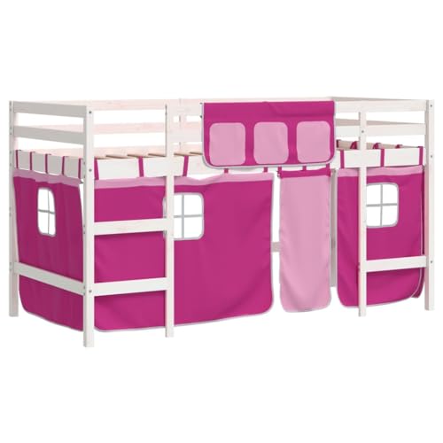 vidaXL Kinderhochbett, Hochbett mit Leiter Vorhängen, Spielbett Bett für Kinder ab 6 Jahren, Kinderbett Etagenbett Stockbett, Rosa 80x200cm Massivholz Kiefer von vidaXL