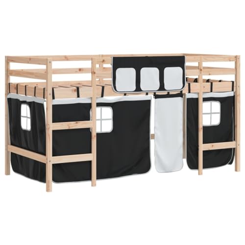 vidaXL Kinderhochbett, Hochbett mit Leiter Vorhängen, Spielbett Bett für Kinder ab 6 Jahren, Kinderbett Etagenbett Stockbett, Weiß Schwarz 90x190cm Kiefernholz von vidaXL