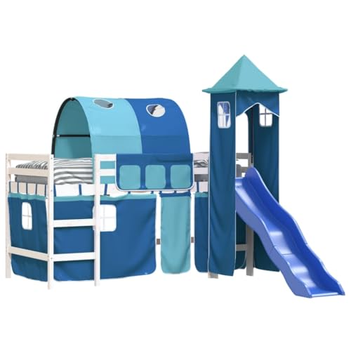 vidaXL Kinderhochbett, Hochbett mit Turm Rutsche, Spielbett Bett für Kinder ab 6 Jahren, Kinderbett Etagenbett Stockbett, Blau 90x190cm Massivholz Kiefer von vidaXL