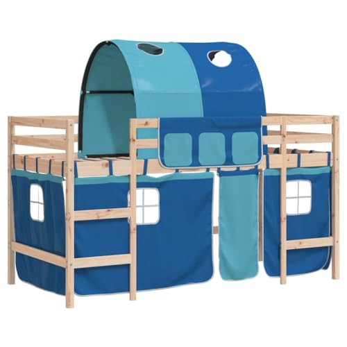 vidaXL Kinderhochbett, Hochbett mit Tunnel Vorhängen, Spielbett Bett für Kinder ab 6 Jahren, Kinderbett Etagenbett Stockbett, Blau 90x200cm Massivholz Kiefer von vidaXL