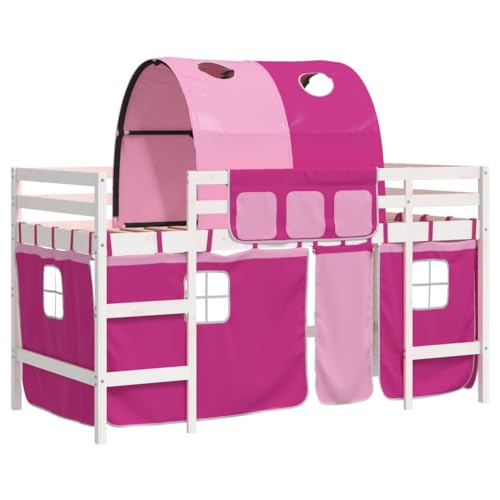 vidaXL Kinderhochbett, Hochbett mit Tunnel Vorhängen, Spielbett Bett für Kinder ab 6 Jahren, Kinderbett Etagenbett Stockbett, Rosa 90x200cm Massivholz Kiefer von vidaXL