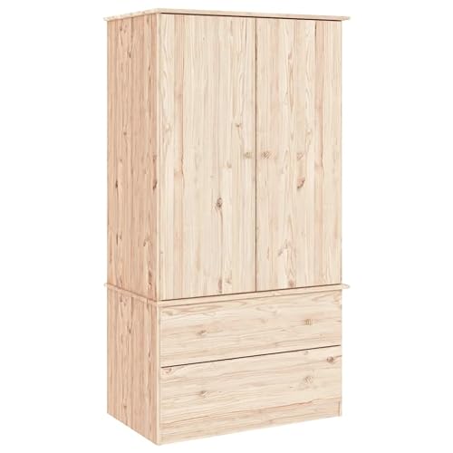 vidaXL Kleiderschrank, Garderobenschrank mit Kleiderstange, Schlafzimmerschrank Schrank mit 2 Schubladen, Holzschrank Flurschrank, Massivholz Kiefer von vidaXL