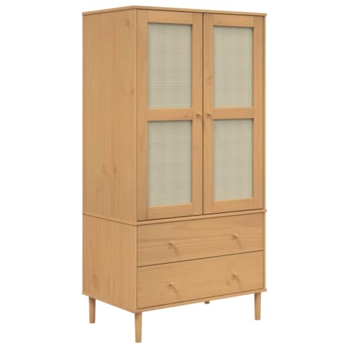 vidaXL Kleiderschrank, Garderobenschrank mit 2 Schubladen 4 Fächern, Garderobe Mehrzweckschrank mit Rattan-Optik, Schrank Flurschrank, Braun Kiefernholz von vidaXL