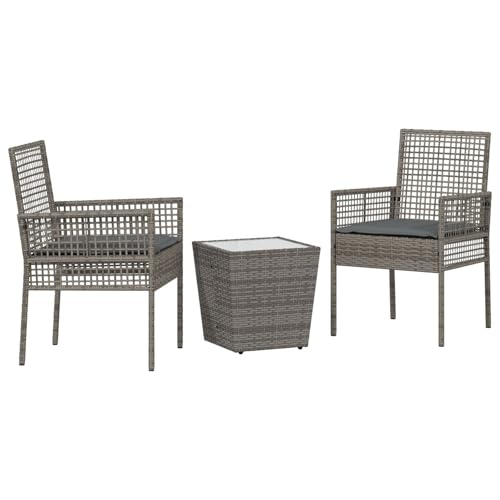 vidaXL Kompaktes quadratisches Teetisch-Set mit 2 Stühlen Grau Synthetisches Rattan und Einscheibensicherheitsglas Rustikale Gartenmöbel für Balkon Garten Nutzung Tische Klapptische Kaffeetisch Wetter von vidaXL