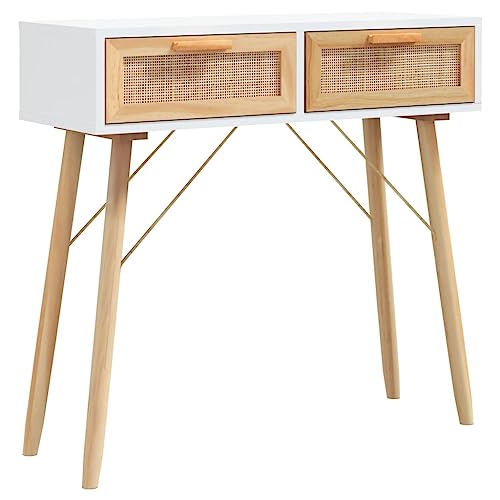 vidaXL Konsolentisch Konsole Beistelltisch Flurtisch Ablagetisch Wohnzimmer Tisch mit Schubladen Weiß 80x30x75cm Massivholz Kiefer Natur-Rattan von vidaXL