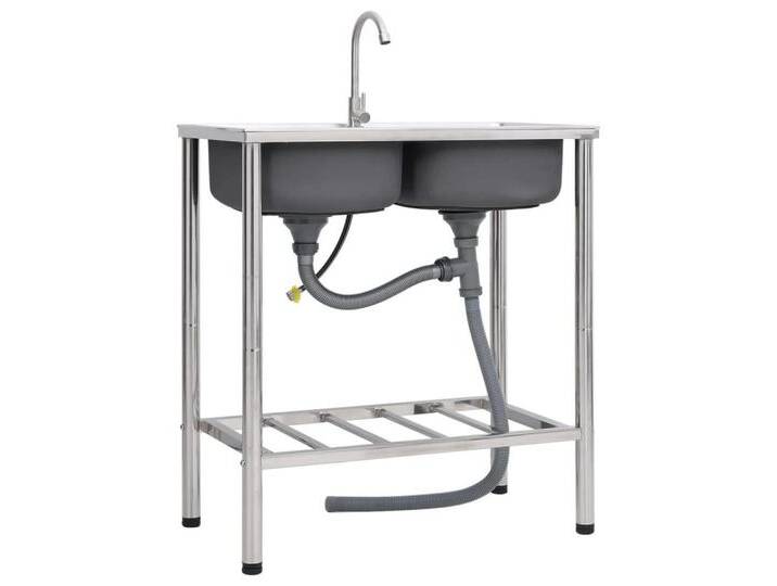 vidaXL Küchenspüle Küche Spülbecken Camping-Spüle mit Doppelbecken und Wasserhahn Edelsta, 78/43 cm, silberfarben von vidaXL