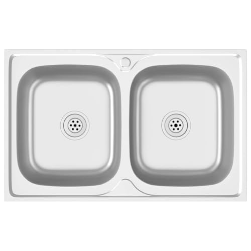 vidaXL Küchenspüle mit Doppelbecken Einbauspüle Spülbecken Spüle Edelstahlspüle Ablaufgarnitur Küche Silbern 800x500x155mm Edelstahl von vidaXL