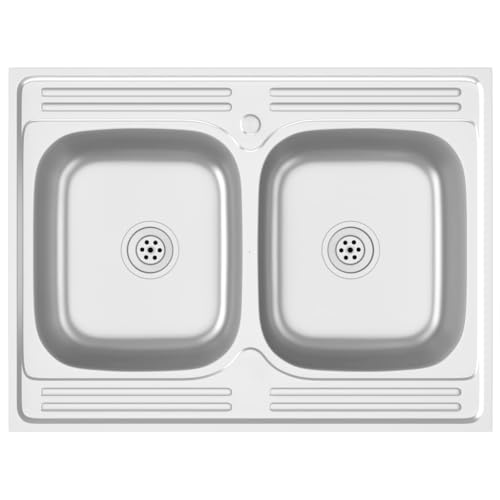vidaXL Küchenspüle mit Doppelbecken Einbauspüle Spülbecken Spüle Edelstahlspüle Ablaufgarnitur Küche Silbern 800x600x155mm Edelstahl von vidaXL