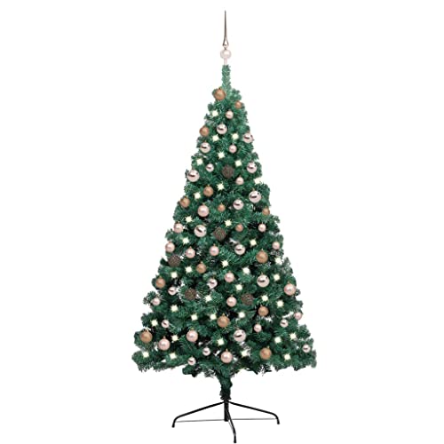 vidaXL Künstlicher Halber Weihnachtsbaum mit LEDs Kugeln Tannenbaum Christbaum Dekobaum Kunstbaum Weihnachten Dekoration Weihnachtsdeko Grün 180cm von vidaXL