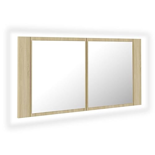 vidaXL LED Bad Spiegelschrank Badezimmerspiegel Badspiegel Spiegel Badschrank Badezimmerschrank Hängeschrank Wandschrank Sonoma-Eiche 90x12x45cm Acryl von vidaXL