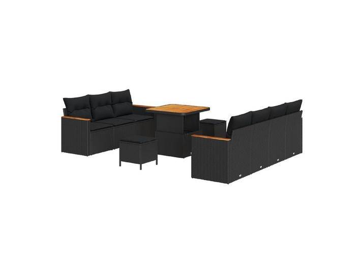 vidaXL Loungesofa 10-teiliges Garten-Sofa Set mit Kissen Schwarz Poly-Rattan, 10 Teile, schwarz, Schwarz/ 80 cm Tischlänge von vidaXL