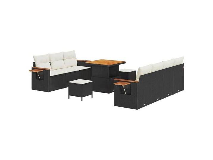 vidaXL Loungesofa Garten-Sofa-Set mit Kissen 10 pcs Schwarz Poly Rattan, 10 Teile, schwarz, Schwarz und Creme/ 80 cm Tischlänge von vidaXL