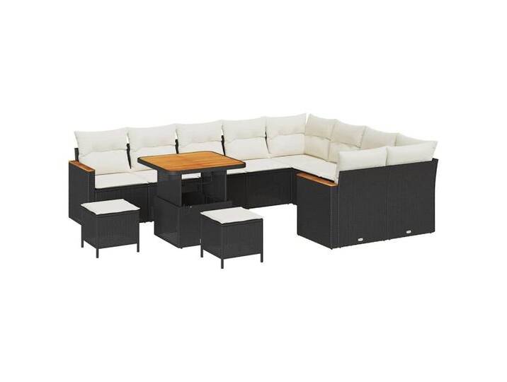 vidaXL Loungesofa Garten-Sofa-Set mit Kissen 12 pcs Schwarz Poly Rattan, 12 Teile, schwarz, Schwarz und Creme/ 80 cm Tischlänge von vidaXL
