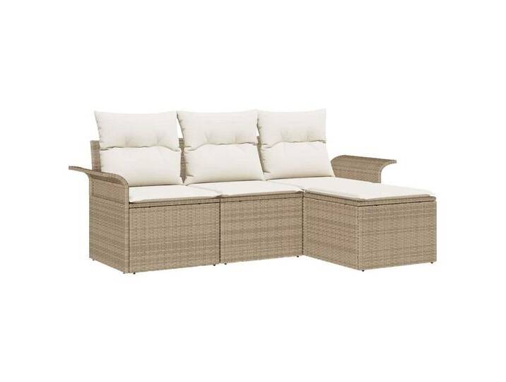 vidaXL Gartenlounge-Set Garten-Sofa-Set mit Kissen mit Speicher 4 pcs Beige Poly Rattan, (4-tlg), beige, Beige und Weiß von vidaXL
