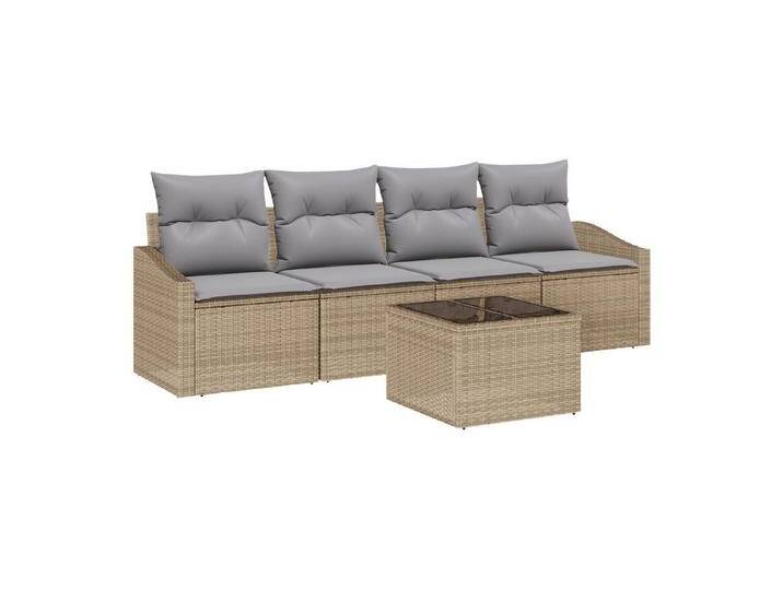vidaXL Loungesofa 5-teiliges Garten Essgruppen Set mit Kissen Beige Poly Rattan, 5 Teile, beige von vidaXL