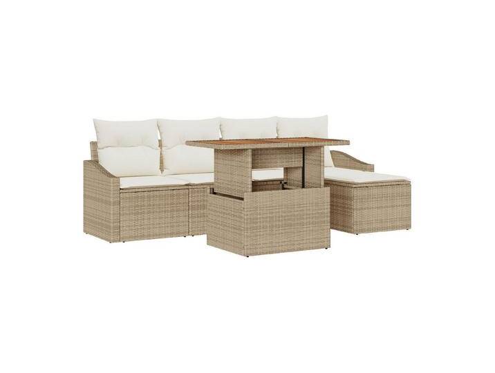 vidaXL Loungesofa 6-teiliges Garten Essgruppen Set mit Kissen Beige Poly Rattan, 6 Teile, beige von vidaXL