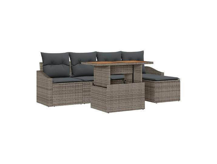 vidaXL Loungesofa 6-teiliges Garten-Essgruppen-Set mit Kissen Grau Poly Rattan, 6 Teile, grau von vidaXL