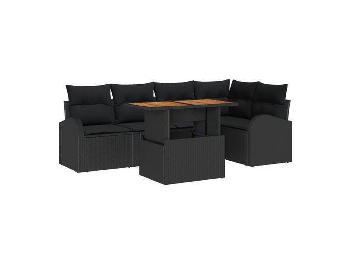 vidaXL Loungesofa 6-teiliges Garten Essgruppen Set mit Kissen Schwarz Poly Rattan, 6 Teile, schwarz von vidaXL
