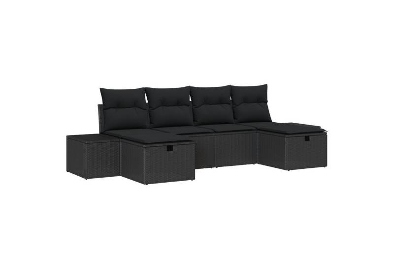 vidaXL Loungesofa 6-teiliges Garten-Sofa-Set mit Kissen Schwarz Poly Rattan, 6 Teile von vidaXL