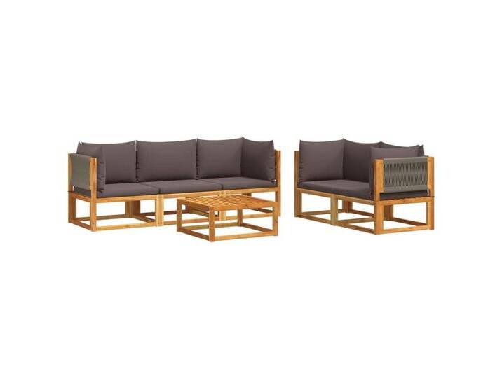 vidaXL Loungesofa 6-tlg. Gartensofa-Set mit Kissen Holz & Seil, 1 Teile, grau, 4x Eckteil + Mittelteil + Tisch, Grau von vidaXL