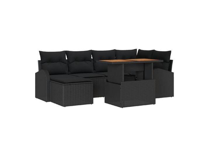 vidaXL Loungesofa 7-teilige Garten Essgruppe mit Kissen Schwarz Poly Rattan, 7 Teile, schwarz von vidaXL