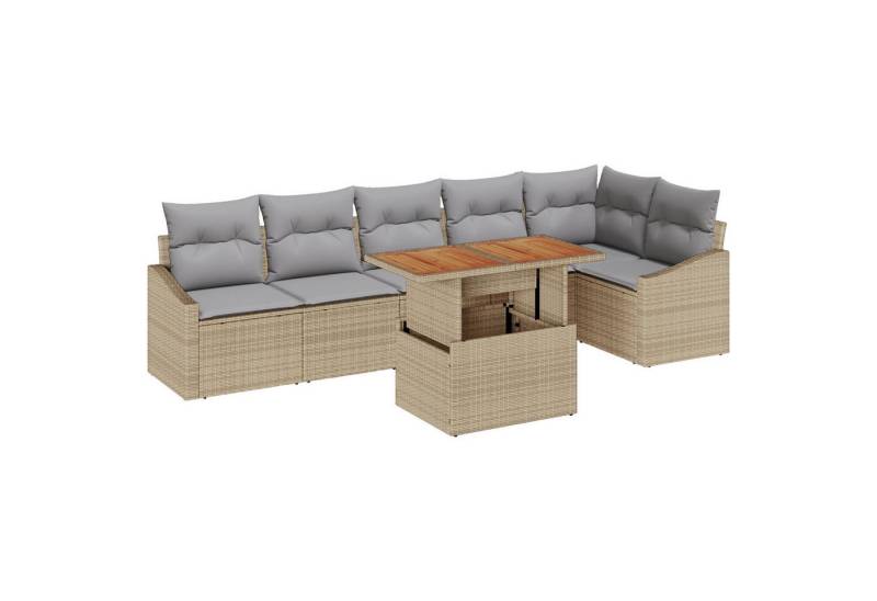 vidaXL Loungesofa 7-teiliges Garten Esszimmer Set mit Kissen Beige Poly Rattan, 7 Teile von vidaXL