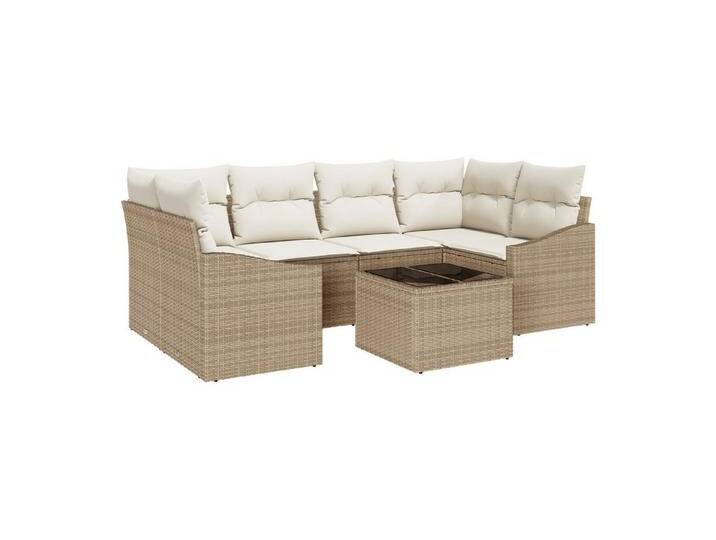 vidaXL Loungesofa 7-tlg. Garten-Essgruppe mit Kissen Beige Poly Rattan, 7 Teile, beige von vidaXL