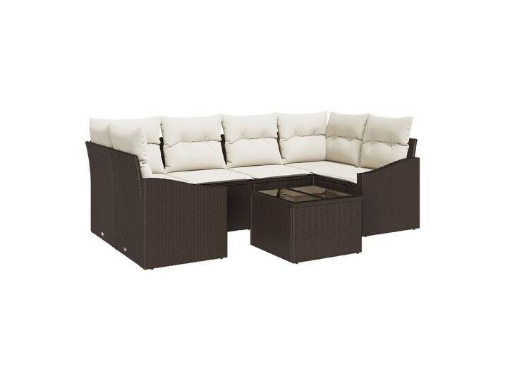 vidaXL Loungesofa 7-tlg. Garten-Essgruppe mit Kissen Braun Poly Rattan, 7 Teile, braun von vidaXL
