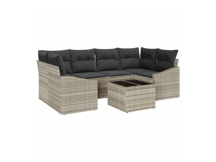 vidaXL Loungesofa 7-tlg. Garten-Essgruppe mit Kissen Hellgrau Poly Rattan, 7 Teile, grau von vidaXL