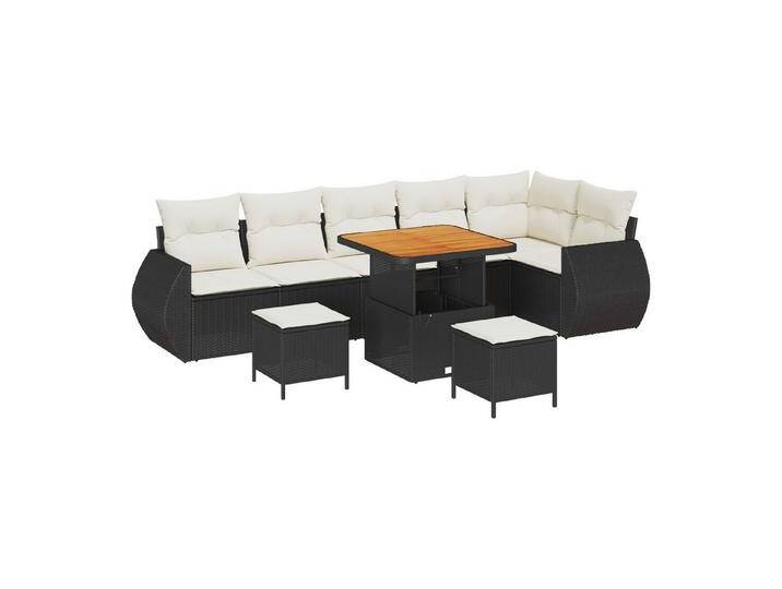 vidaXL Loungesofa 9-teiliges Garten-Sofa-Set mit Kissen Schwarz Poly Rattan nholz, 9 Teile, schwarz, Schwarz und Creme/ 80 cm Tischlänge von vidaXL