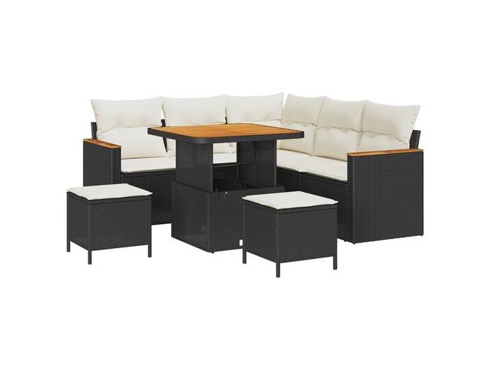 vidaXL Loungesofa Garten-Sofa-Set mit Kissen 8 pcs Schwarz Poly Rattan, 8 Teile, schwarz, Schwarz und Creme/ 80 cm Tischlänge von vidaXL