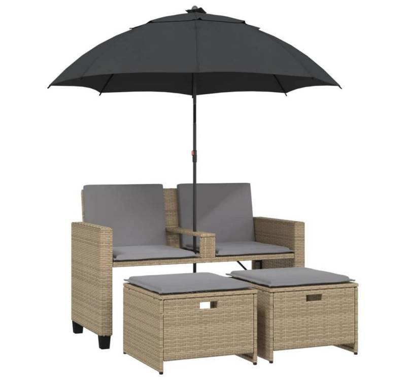 vidaXL Loungesofa Gartensofa 2-Sitzer Sonnenschirm und Hocker Beige Poly-Rattan, 1 Teile von vidaXL