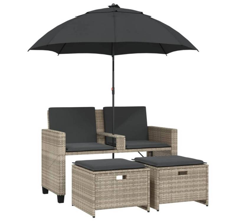 vidaXL Loungesofa Gartensofa 2-Sitzer Sonnenschirm und Hocker Hellgrau Polyrattan, 1 Teile von vidaXL